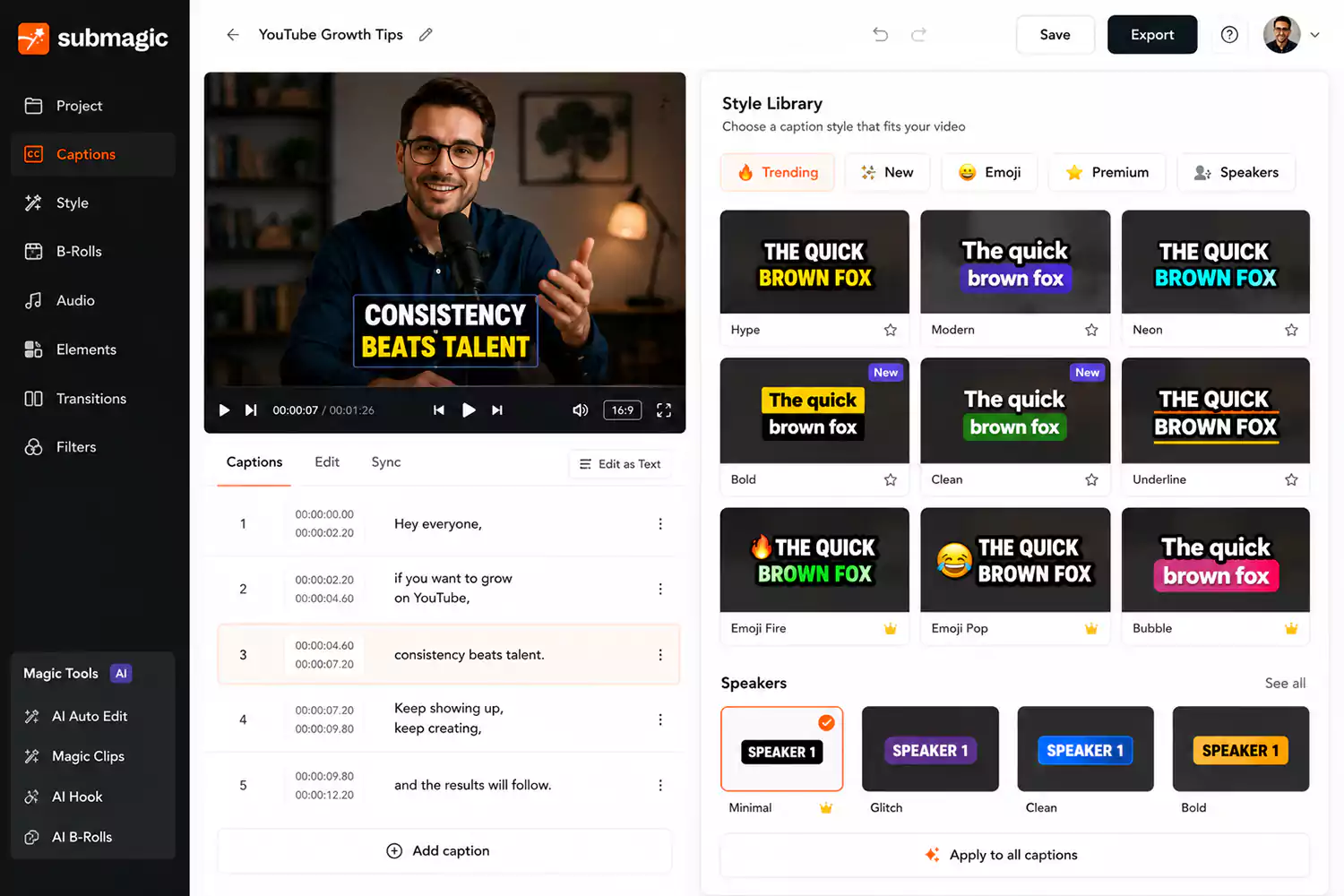 Submagic caption editor showing the style library with Trending, New, Emoji, Premium, and Speakers caption templates