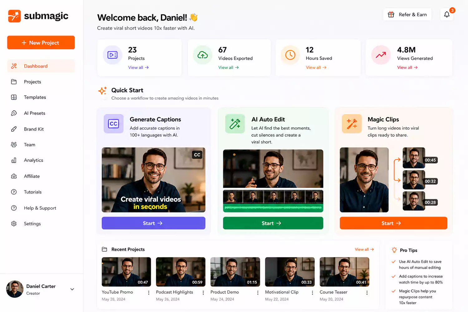 Submagic AI video editor dashboard showing Quick Start workflows for Generate Captions, AI Auto Edit, and Magic Clips