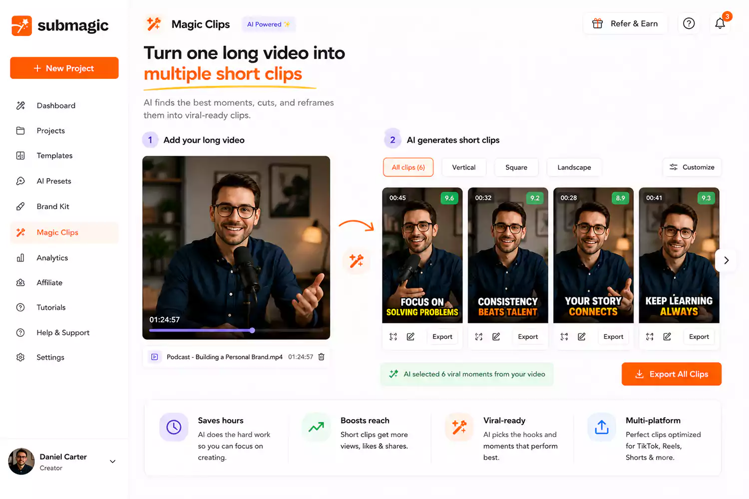 Submagic Magic Clips tool turning one long-form video into several short-form clips